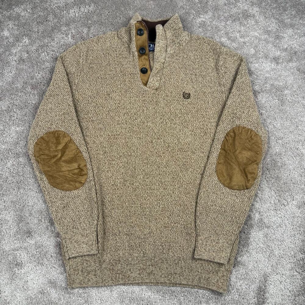 Chaps Size S Tan Marled Quarter Button Mock Neck Sweater Cotton Elbow Patches